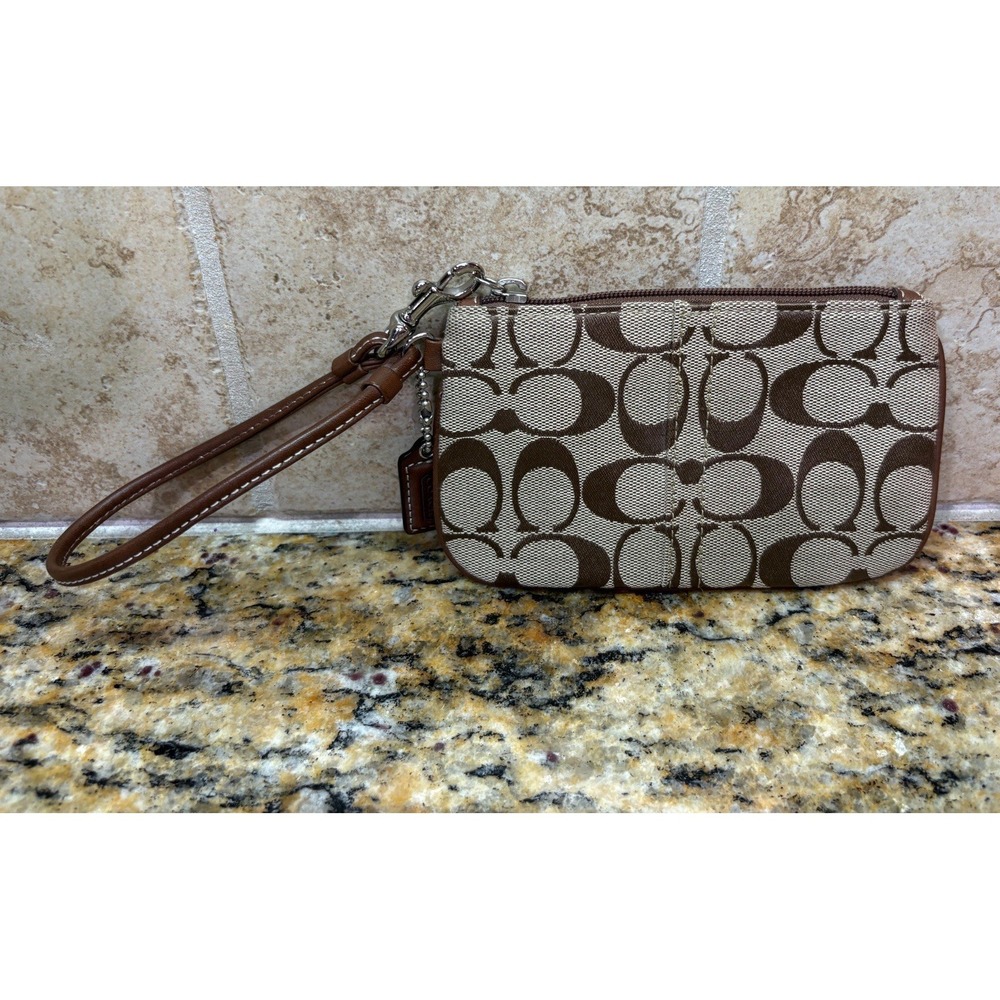 COACH Canvas and Leather Signature Tan & Brown Clutch Wristlet